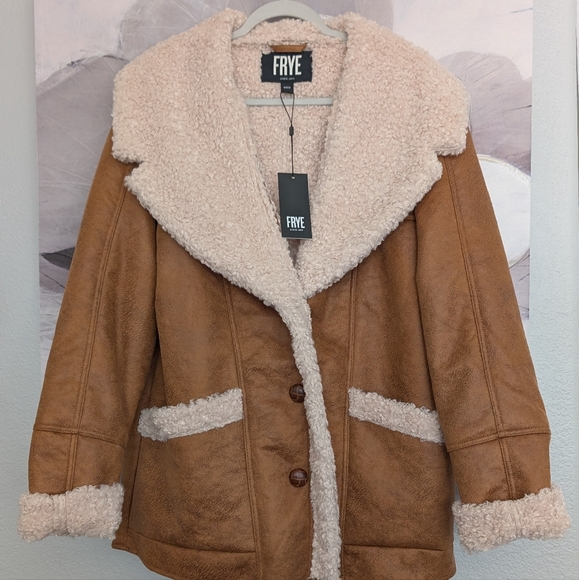 Frye Faux Shearling Shawl Collar Car Coat Size Medium New With Tags ❤️ - Picture 7 of 10